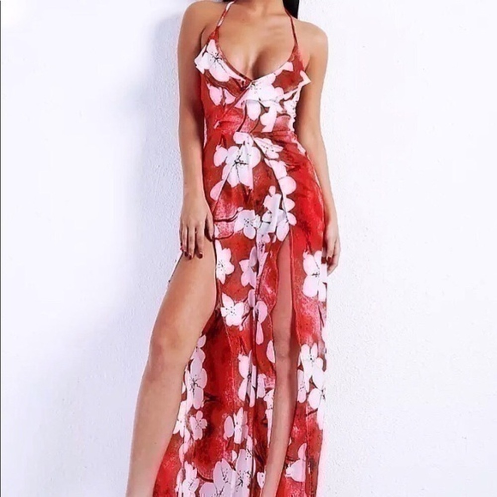 Red and white floral jumpsuit